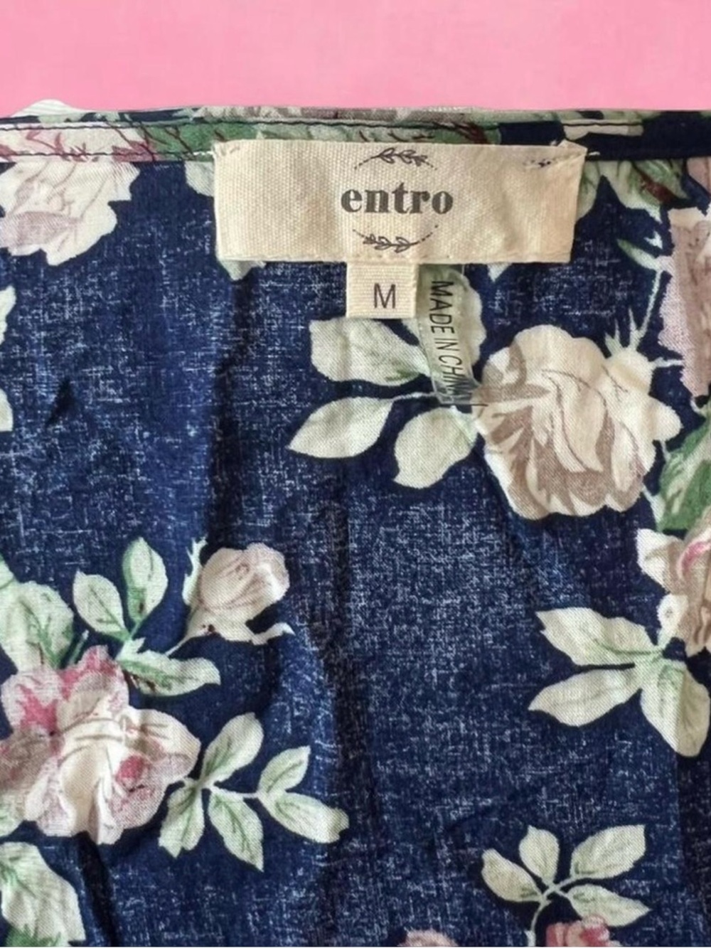 entro Navy Blue Floral Dress Top with Cream and Pink Roses - Picture 7 of 8